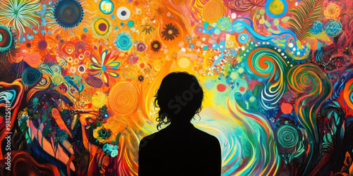 A vibrant and colorful abstract mural filled with swirling patterns and floral designs, creating mesmerizing backdrop. silhouette of person stands in awe, immersed in artistic expression of festivals