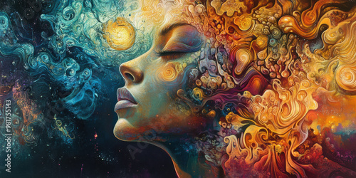 image showcases vibrant and colorful abstract representation of womans profile, surrounded by swirling patterns and cosmic elements, evoking sense of creativity and inspiration