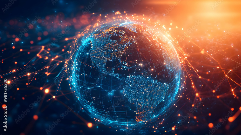 Obraz premium A digital representation of Earth surrounded by colorful network connections, symbolizing global communication and technology.