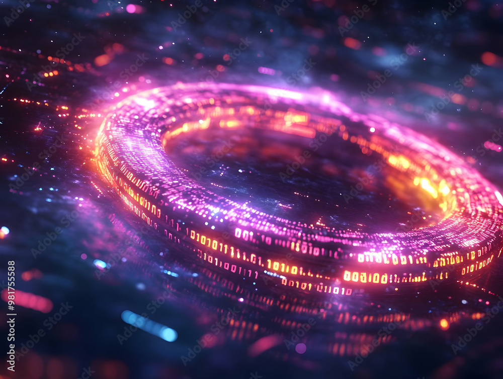 A vibrant, glowing ring of digital light in a cosmic space, showcasing a blend of colors and futuristic energy. A vibrant, glowing ring of digital light in a cosmic space, showcasing a blend of colors and futuristic energy.