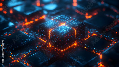 Futuristic digital landscape featuring glowing cubes with vibrant neon colors. Perfect for tech and sci-fi themed projects. photo