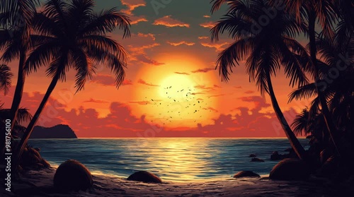 A stunning sunset beach with palm trees silhouetted against a glowing sky, creating a tropical paradise atmosphere.
 Seamless looping 4k time-lapse virtual video animation Generated AI