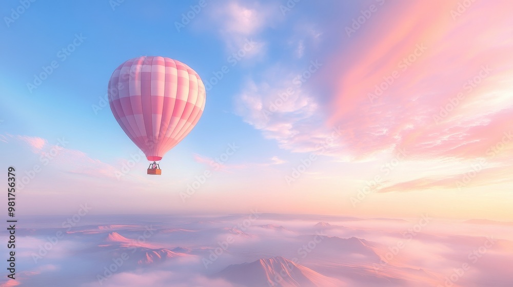 Fototapeta premium A hot air balloon is flying high in the sky, with a pink and white color scheme