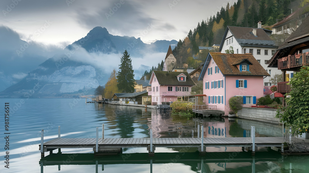 Fototapeta premium a panting of Luzern Lake in Switzerland