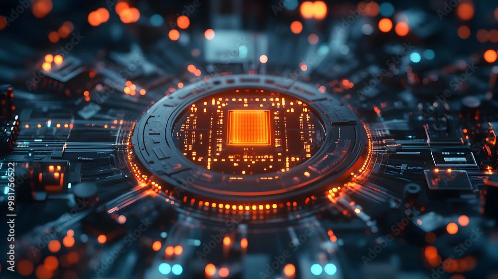 Close-up of a futuristic circuit board with glowing orange lights and a central processor, representing advanced technology. Close-up of a futuristic circuit board with glowing orange lights and a central processor, representing advanced technology.