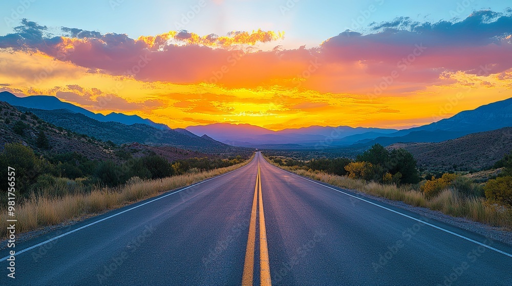 Fototapeta premium A Long Road Through Mountains at Sunset