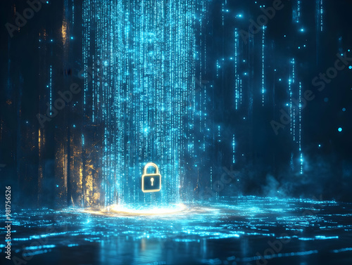 A digital illustration featuring a glowing padlock surrounded by cascading binary code, symbolizing security and encryption. photo