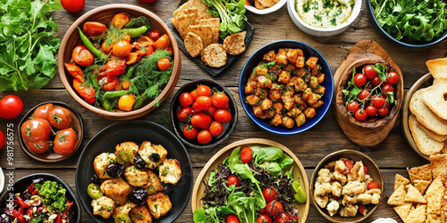 Fresh vegetables, colorful salads, and various dishes create vibrant and healthy menu for festivities. This spread showcases delightful array of flavors and textures