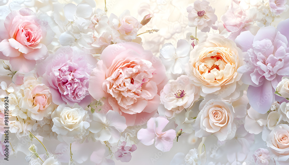 Soft, blooming peonies and roses in pastel shades, adding a delicate and feminine touch Soft, blooming peonies and roses in pastel shades, adding a delicate and feminine touch