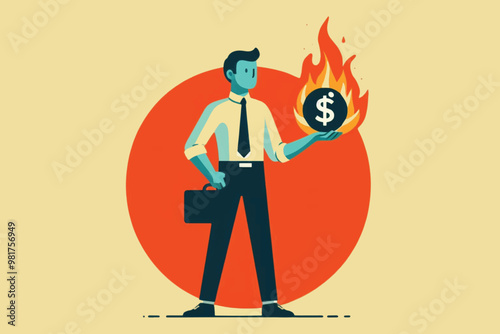 the concept of responsibility in business finance, a businessman holding a fireball with a dollar symbol depicts the magnitude of responsibility entrusted to him