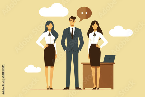 Illustration of the company leader and his two secretaries standing confidently in front of company employees