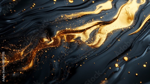 Abstract Black and Gold Liquid Swirls with Glitter photo