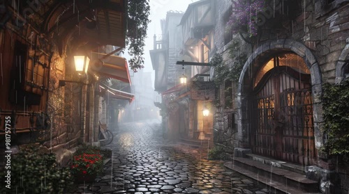 A misty night rain scene in a fantasy medieval village, with dim lanterns and stone houses creating a mysterious and atmospheric set Seamless looping 4k time-lapse virtual video animation Generated AI