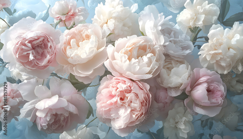 Soft, blooming peonies and roses in pastel shades, adding a delicate and feminine touch Soft, blooming peonies and roses in pastel shades, adding a delicate and feminine touch