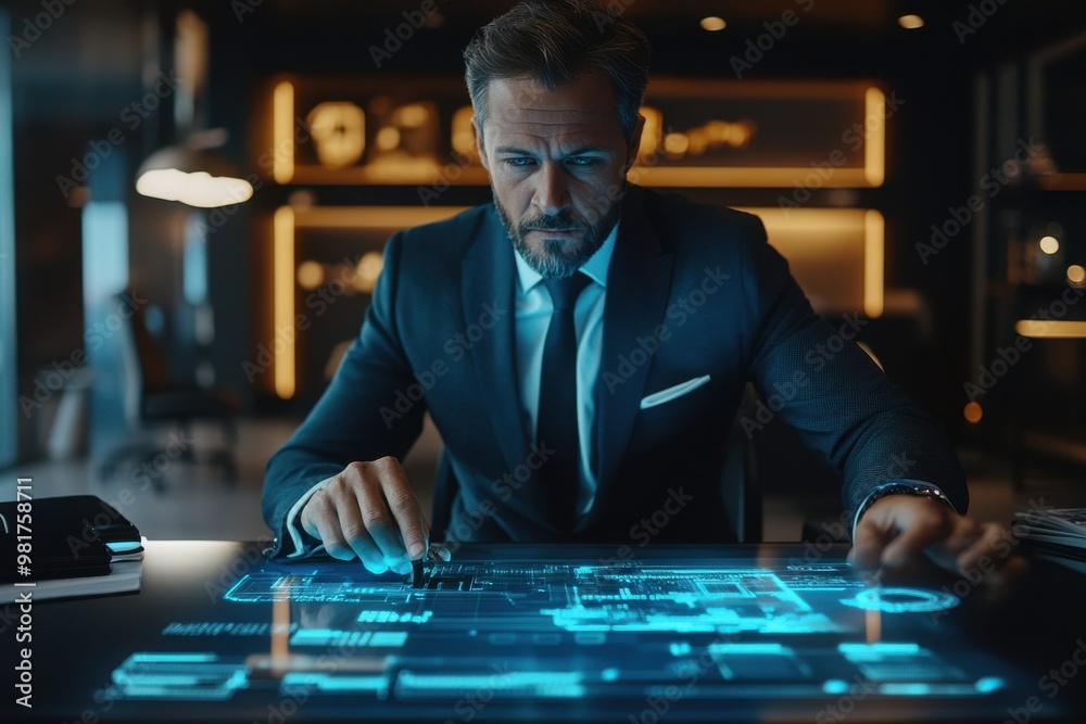 Male leader using holographic display at desk in modern office Male leader using holographic display at desk in modern office