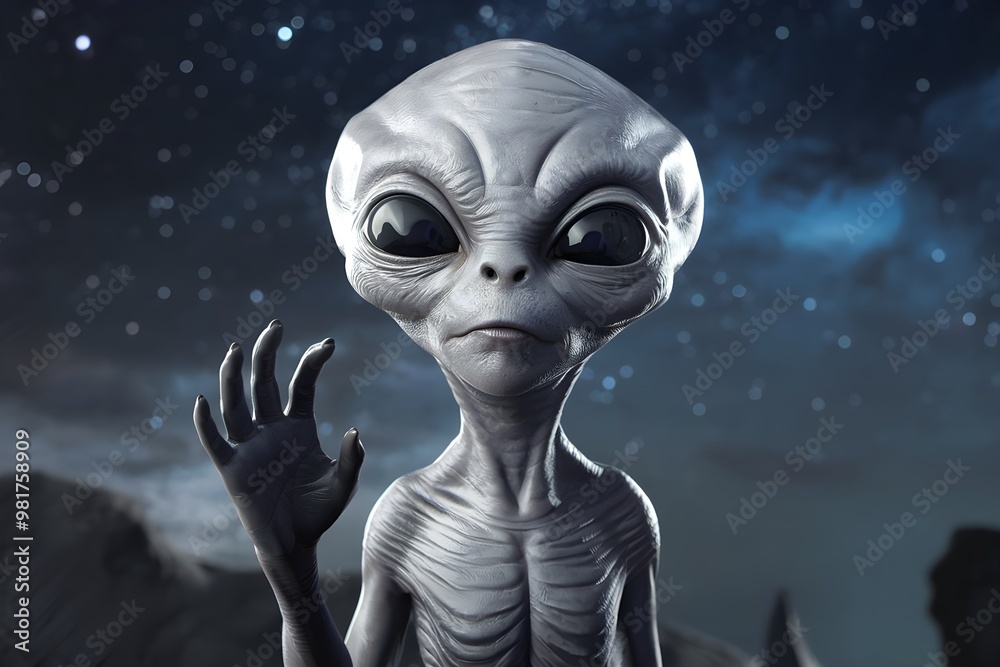 Extraterrestrial being with almond shaped eyes stands under a starry sky Extraterrestrial being with almond shaped eyes stands under a starry sky