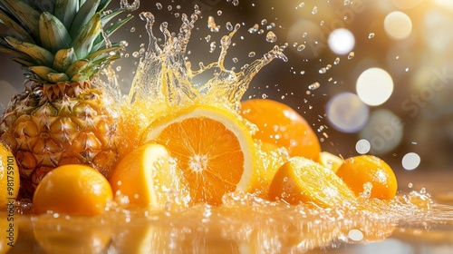 A Pineapple and Oranges Splashing in Citrus Juice photo