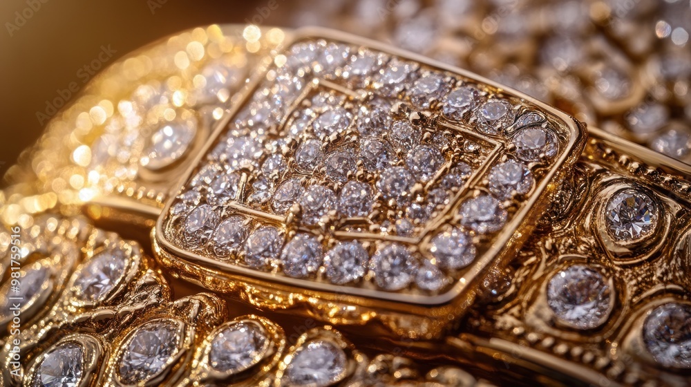 Close-up of an ornate gold and diamond-encrusted accessory. Close-up of an ornate gold and diamond-encrusted accessory.