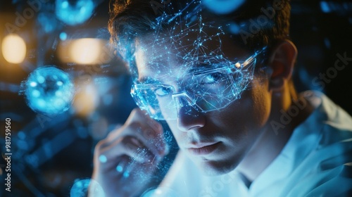 Wallpaper Mural A young person wearing futuristic glasses, surrounded by digital data visualizations. Torontodigital.ca