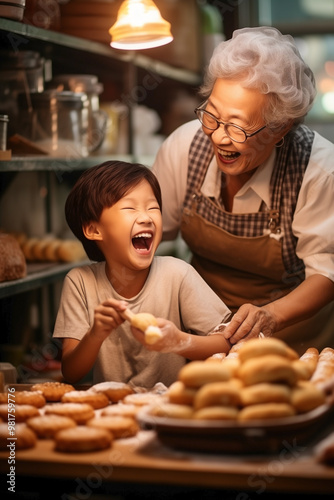 Little pastry apprentice getting baking tips from his grandmother. Generational gems: sharing family kitchen wisdom.