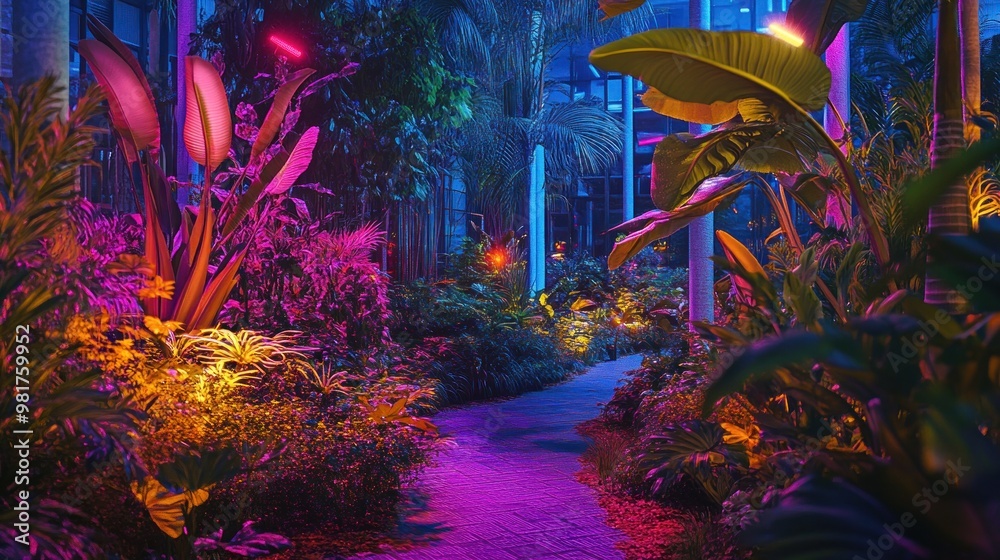 Naklejka premium Vibrant indoor garden with colorful lighting and lush tropical plants.