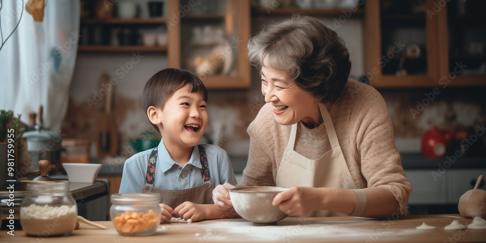 Grandmother showing her grandson how to fold the perfect cheese Danish. Flaky fun: family adventures in pastry making. Grandmother showing her grandson how to fold the perfect cheese Danish. Flaky fun: family adventures in pastry making.