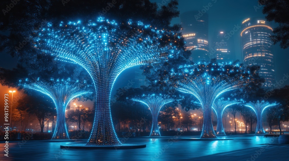 Illuminated trees in a futuristic urban park at night, creating a vibrant atmosphere. Illuminated trees in a futuristic urban park at night, creating a vibrant atmosphere.