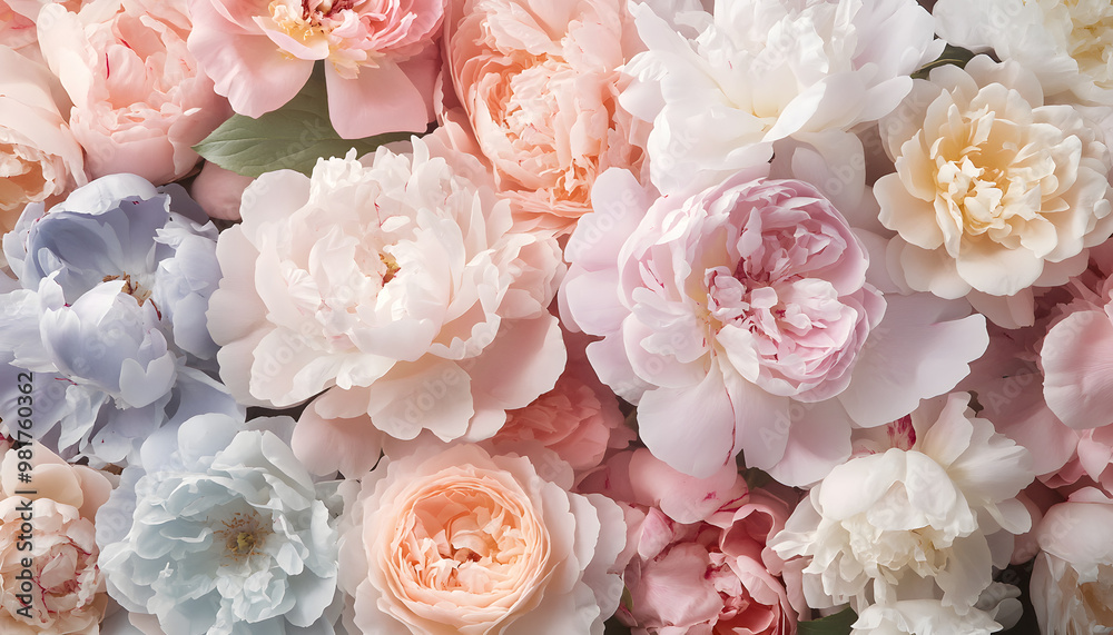 Soft, blooming peonies and roses in pastel shades, adding a delicate and feminine touch Soft, blooming peonies and roses in pastel shades, adding a delicate and feminine touch