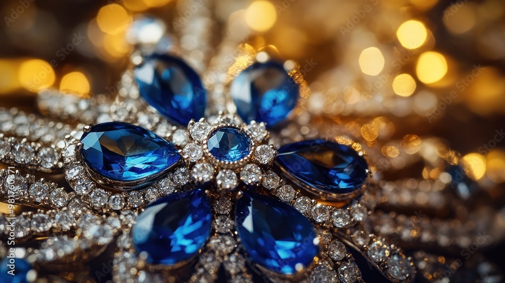 A close-up of intricate jewelry featuring blue gemstones and sparkling diamonds. A close-up of intricate jewelry featuring blue gemstones and sparkling diamonds.