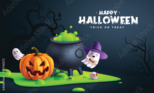 Happy halloween greeting text vector design. Halloween trick or treat greeting with pumpkin, ghost characters and witch cauldron elements in silhouette dark night background. Vector illustration 