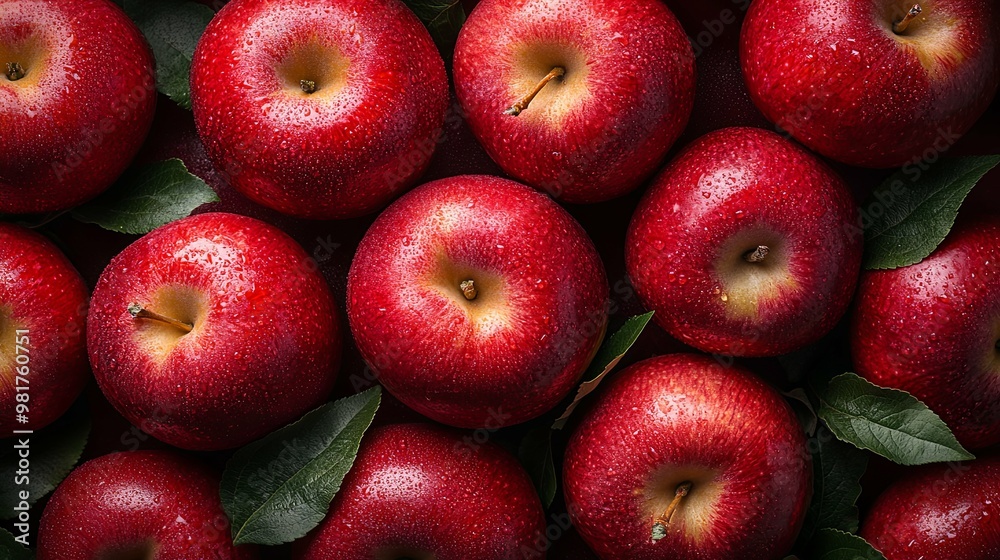 Close-up of Shiny Red Apples with Green Leaves Close-up of Shiny Red Apples with Green Leaves