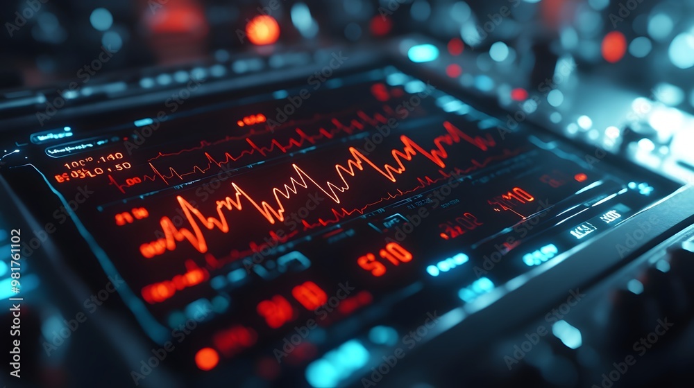 A close-up of a heart rate monitor screen showing real-time cardiac readings, used for tracking heart health and monitoring patient vitals.