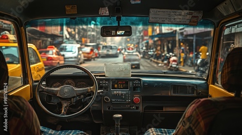 Interior view of a taxi in a busy urban street, showcasing city life and transportation.