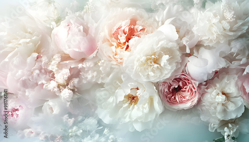 Soft, blooming peonies and roses in pastel shades, adding a delicate and feminine touch