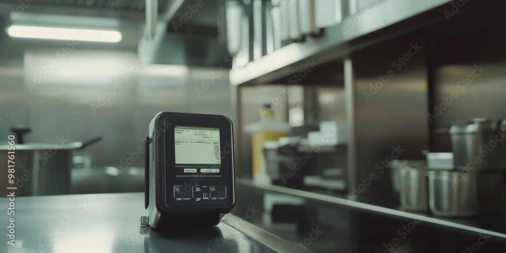 Fototapeta premium A close-up of digital sensors tracking food safety in a commercial kitchen, highlighting tech-enhanced food hygiene and modern safety monitoring systems. 