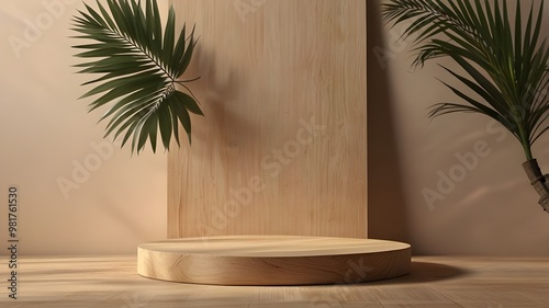 3D background, wood pedestal podium on natural palm leaf shadow pastel beige backdrop. Tropical product promotion Beauty cosmetics wooden display. Generative AI photo