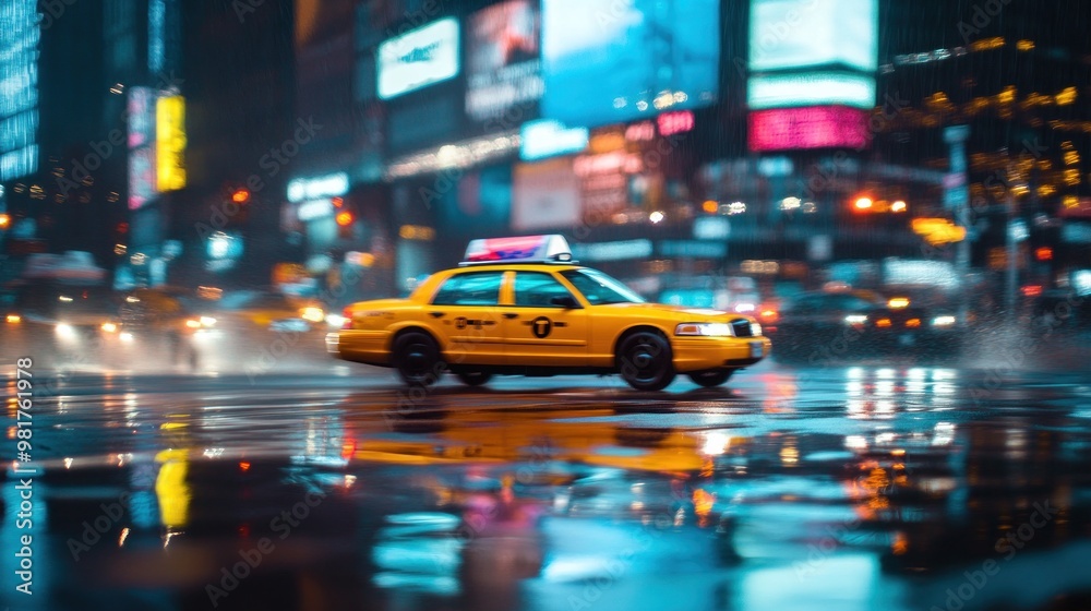 A yellow taxi driving through a rainy urban scene, reflecting city lights on wet pavement. A yellow taxi driving through a rainy urban scene, reflecting city lights on wet pavement.