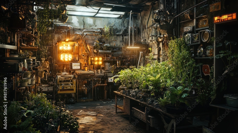 A cluttered workshop filled with plants and industrial equipment, blending nature and technology. A cluttered workshop filled with plants and industrial equipment, blending nature and technology.