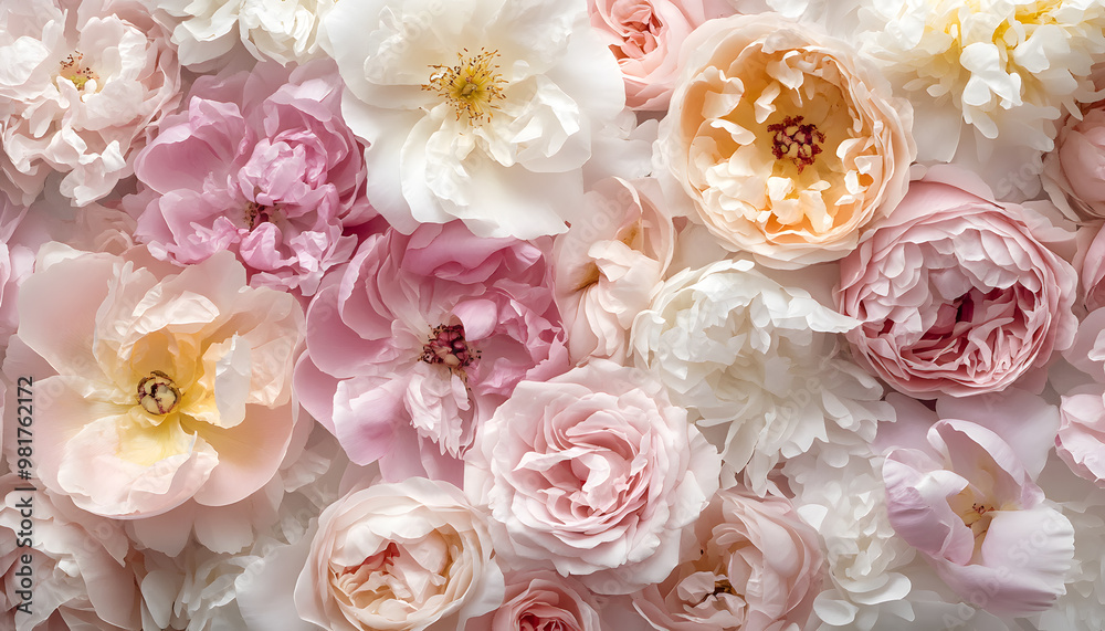 Soft, blooming peonies and roses in pastel shades, adding a delicate and feminine touch Soft, blooming peonies and roses in pastel shades, adding a delicate and feminine touch
