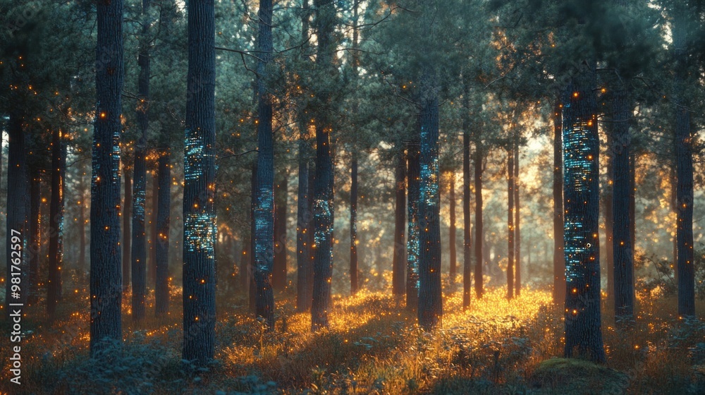 Fototapeta premium A serene forest scene illuminated by soft light and glowing particles, evoking tranquility.