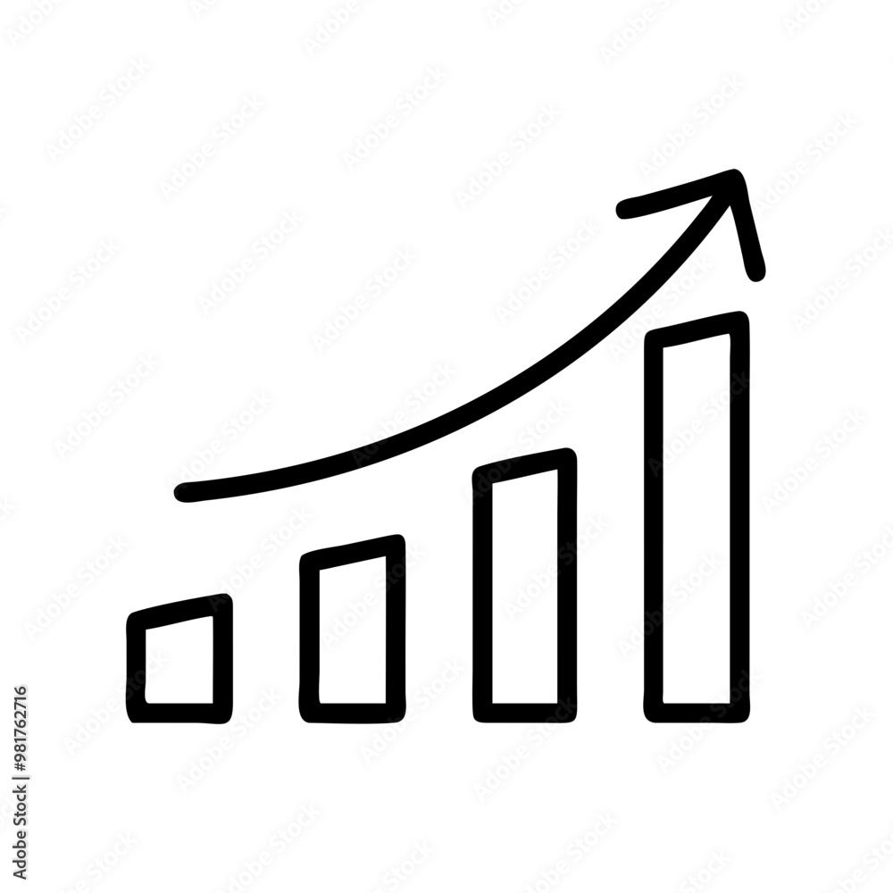 Rising bar chart with arrow icon in black outline, growth and success concept Rising bar chart with arrow icon in black outline, growth and success concept