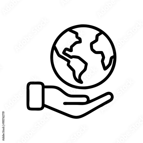 Hand holding Earth icon in black outline, global responsibility concept