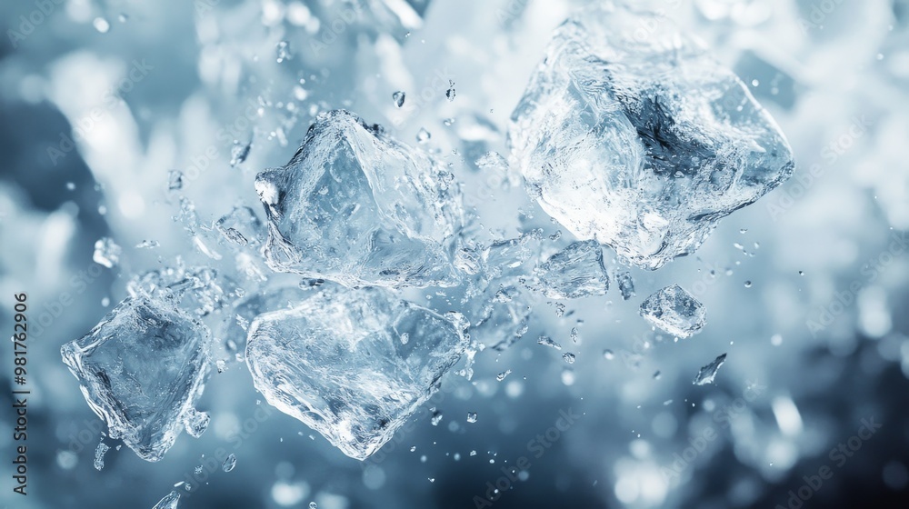 Ice Cubes Falling and Crumbling in Mid-Air