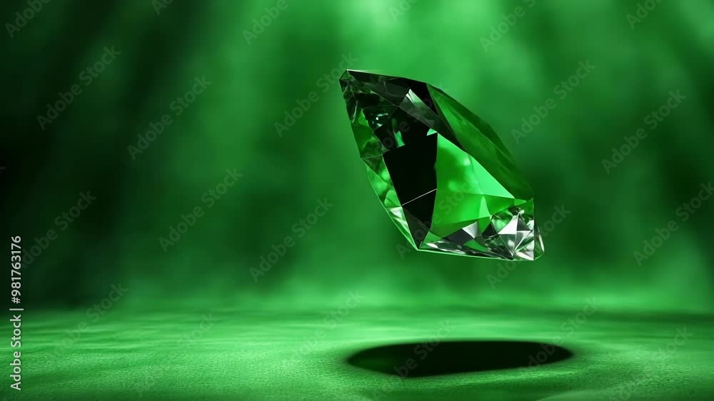 Sparkling emerald gemstone floats above a green screen background, providing a versatile image for jewelry and luxury concepts Sparkling emerald gemstone floats above a green screen background, providing a versatile image for jewelry and luxury concepts