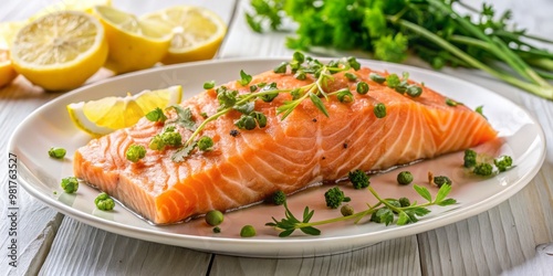 Vibrant, succulent salmon takes center stage on a crisp white plate, adorned with a scatter of fresh herbs and thin slices of lemon, against a soft, neutral background.