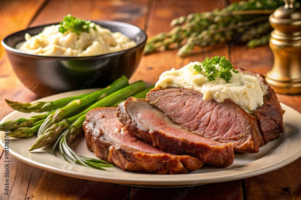Savory slices of slow-cooked prime rib served with a side of garlic mashed potatoes and steamed asparagus, set against a warm, beige-toned background that evokes a cozy dinner atmosphere. Savory slices of slow-cooked prime rib served with a side of garlic mashed potatoes and steamed asparagus, set against a warm, beige-toned background that evokes a cozy dinner atmosphere.