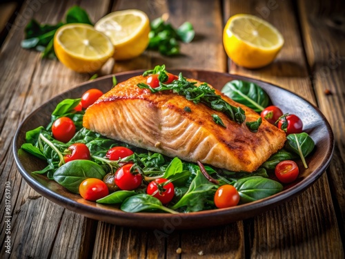 Freshly grilled salmon fillet served on a bed of sautéed spinach and cherry tomatoes, garnished with a lemon wedge and microgreens, against a rustic wooden backdrop