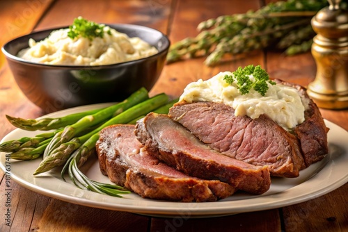 Savory slices of slow-cooked prime rib served with a side of garlic mashed potatoes and steamed asparagus, set against a warm, beige-toned background that evokes a cozy dinner atmosphere.