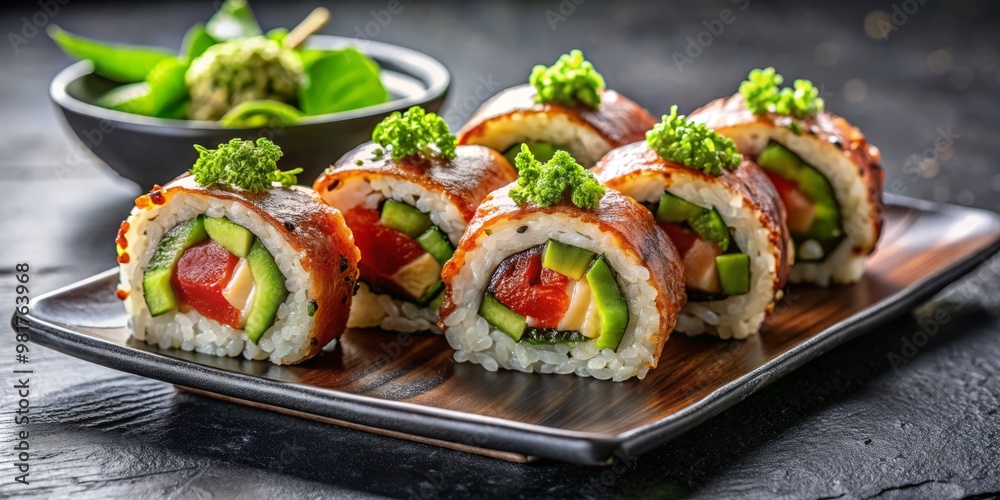Delicate hand-rolled sushi rolls filled with spicy tuna and creamy avocado, arranged elegantly on a minimalist black plate, described as a harmonious balance of flavors and textures. Delicate hand-rolled sushi rolls filled with spicy tuna and creamy avocado, arranged elegantly on a minimalist black plate, described as a harmonious balance of flavors and textures.