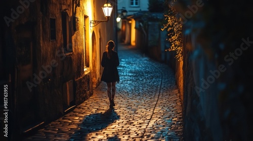 A woman walks alone down a cobblestone alley illuminated by warm streetlights at dusk.
